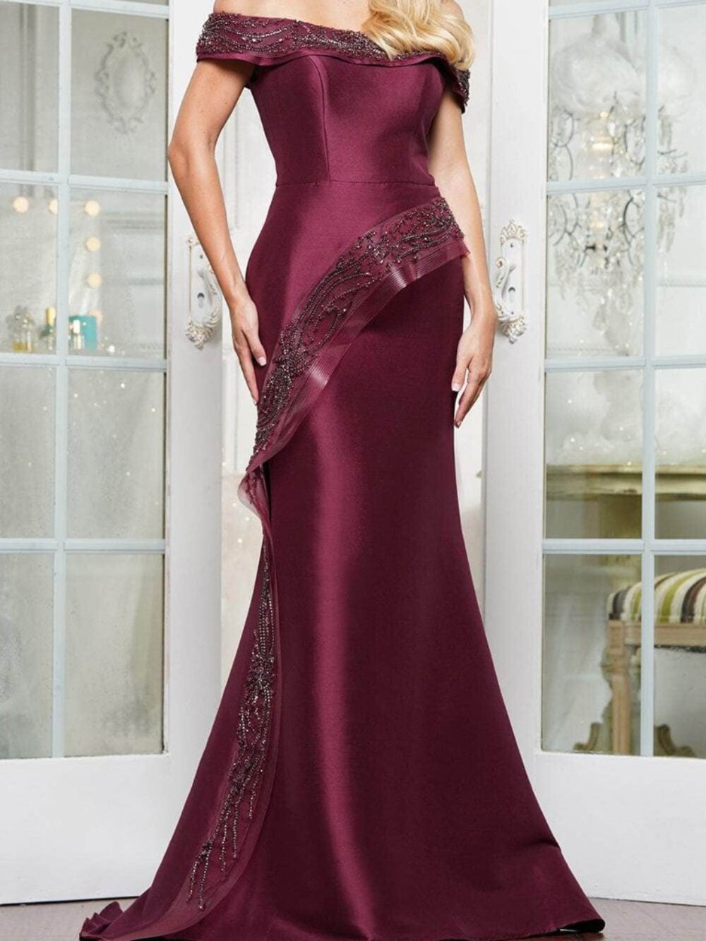 NWT Marsoni by Colors MV1332  Off-Shoulder Bead Evening Dress Wine Size 14